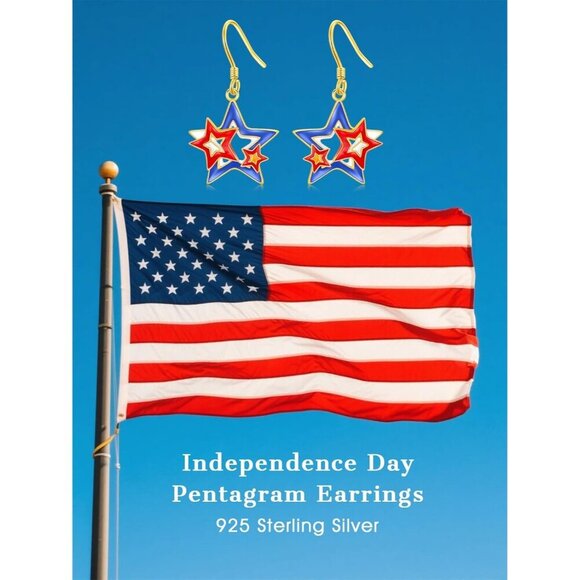 925 Sterling Silver Red White and Blue American Flag Dangle Earring for Women - Picture 6 of 6